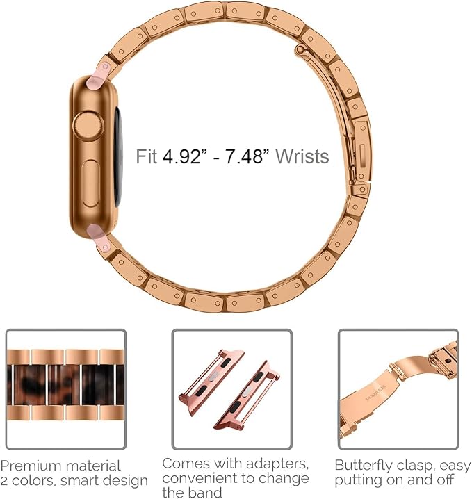 Wearlizer Tortoise Compatible with Apple Watch Band 38/40/41/42mm Womens, Replacement Stainless Steel Strap Fashion Resin Wristband Bracelet iWatch Series 11 10 9 8 7 6 5 4 3 SE/Ultra 3 2 1-Rose Gold