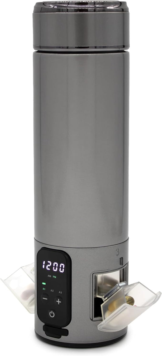 e-Pill Smart Stainless Steel Water Bottle Pill Organizer and Medicine Reminder (Silver)