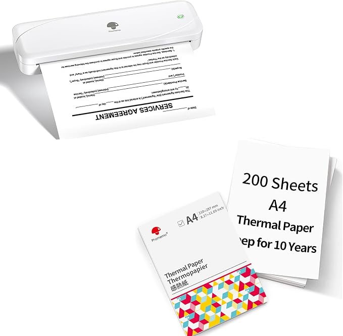 Phomemo Portable Inkless Wireless Printers for Travel, M833 Upgrade Bluetooth Thermal Printer with A4 Thermal Papers Sheet, Size 8.27"x11.69", 200 Sheets