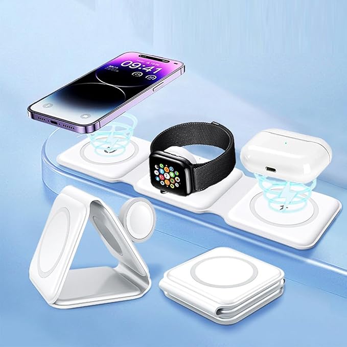 IHAO 3in1 Megnetic Attraction Wireless Charging Station Foldable Fast Charger for iPhone 15/14/13, iWatch & AirPods 15W Charging Stand with Strong Magnet Fold to Stand Multi-Device Safe Charging-White
