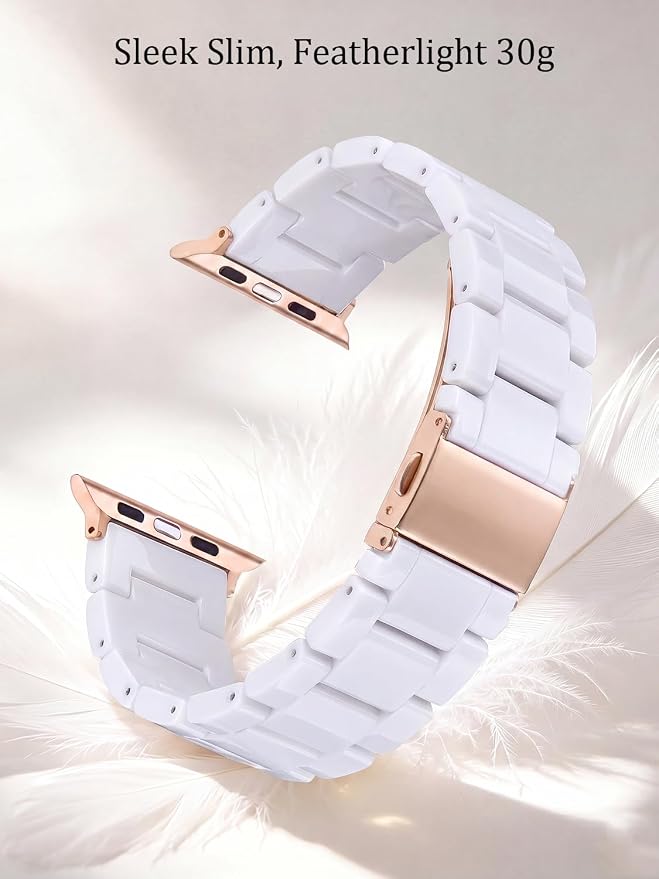 V-MORO Resin Band Compatible with Apple Watch Bands Series 11/10/9/8/7 46mm 45mm 44mm 42mm iWatch 6/5/4/3/2/1/SE with Rose Gold Buckle iWatch Ultra 49mm Lightweight Wristband Strap Women Men,White