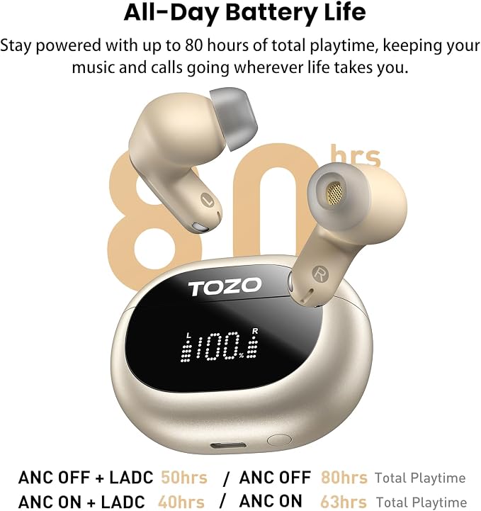 TOZO NC20 Active Noise Cancelling Wireless Earbuds, LDAC Hi-Res Sound Bluetooth Headphones, 6 Mics AI Call Ear Buds 80H Playtime, Dual Pairing, 32 EQ via App, IPX8 Waterproof, Wireless Charging Case