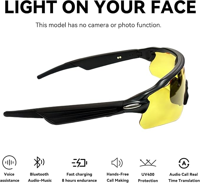 Bluetooth Smart Sunglasses for Men Women, Open-Ear Speaker Glasses with Touch Control, UV400 Polarized Lens, 5-6H Playtime for Outdoor Sports,Black and Yellow
