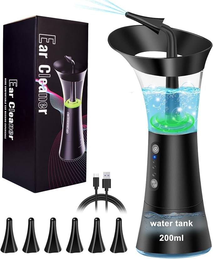 Upgraded Electric Ear Cleaner - Ear Irrigation Flushing System with 4 Pressure Mode, Temp Sensor, 16PSI, IPX7, 6 Replacement Nozzle, One-Hand Control Ear Cleaning Tool with Wastewater Separation