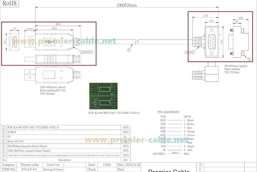 90 Degree Low Profile Slim DB9 RS232 Serial Cable with FTDI FT232RNL USB 2.0 to D-Sub 9Pin Female COM Port Converter Cable for PLC, POS Terminals, CNC, Modems (4Pin Down, 1M/3.28FT)