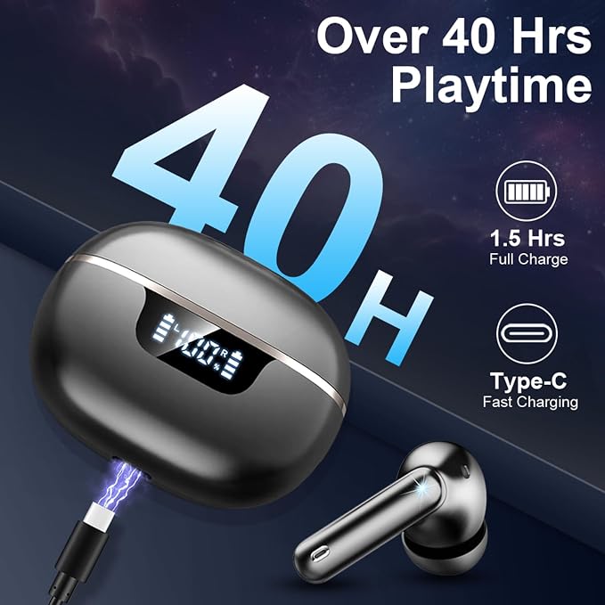 Jxrev 2026 Upgraded Wireless Earbuds, 50H Playtime Bluetooth 5.4 Headphones with 4 ENC Noise Cancelling Mics, HiFi Stereo Deep Bass, IP7 Waterproof in-Ear Earphones, LED Display Fast Charging Case