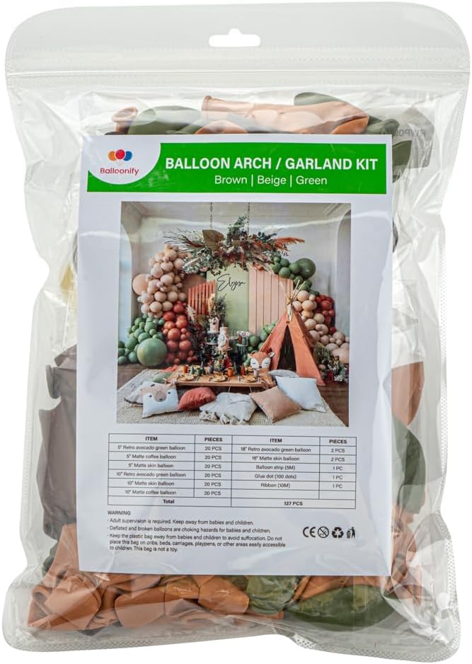 Restaurantware-Balloonify Balloon Garland Set, 1 Party Decoration Kit - 124 Balloons, With Chain, Brown, Beige, & Green Latex Balloon Arch Kit, Includes Glue Dots And Ribbon