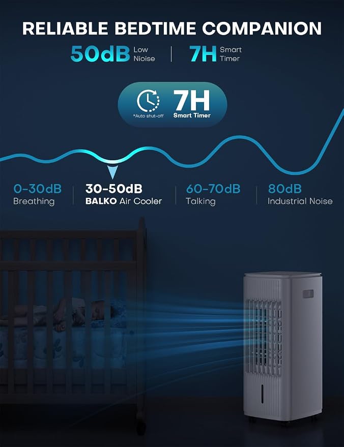 BALKO 3-IN-1 Windowless Air Conditioner w/Double Tanks, Smart Timer, 3 Ice Packs, 60W Evaporative Air Cooler, 70° Oscillation, 3-Speed 25-INCH Swamp Cooler Air Conditioner Portable for Room