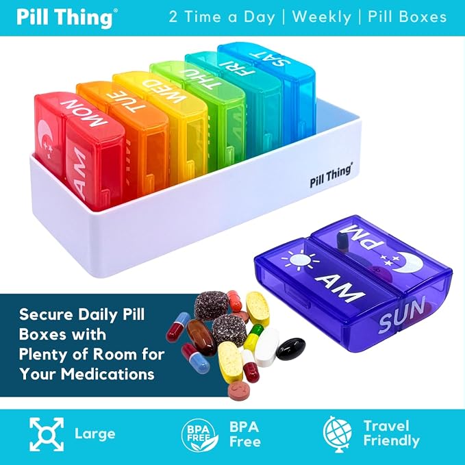 2 Times a Day, 7 Day Large Weekly Pill Organizer with Holder Tray, Vitamin, Medicine Box, Multicolor with Medical Alert Card (2X a Day - 2 Pack)