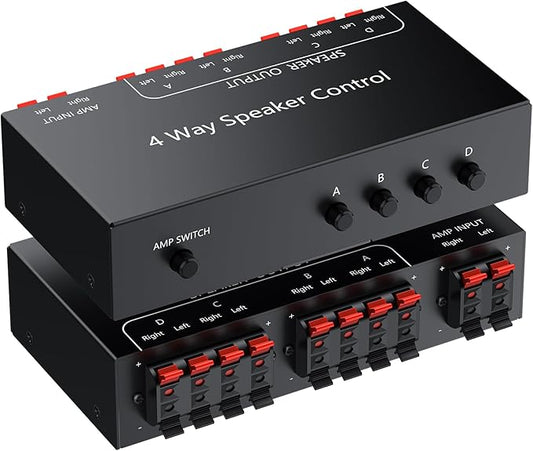PROZOR 4-Zone Speaker Selector Switch, Passive Speaker Switch Box for 1 Amplifier to 4 Speaker Pairs, Independent A/B/C/D Buttons, 150W RMS per Channel, Supports 4–16Ω Passive Speakers