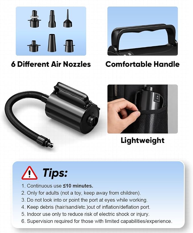 Electric Air Pump with Hose for Inflatables, High Power Inflator Deflator Blow Up Pump with 6 Nozzles, Pool Toy Float Pump for Pool Floats, Air Mattress, Toys, Gym Mat, 320W, 1.5PSI, 120V AC
