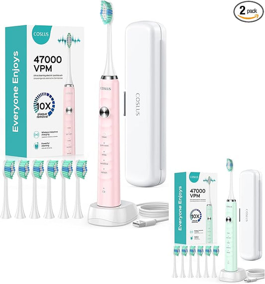 COSLUS Electric Toothbrush for Adults and Kids: Wireless Rechargeable Tooth Brush with Portable Travel Case, 5 Modes 47000 VPM Power Toothbrushes 6 Brush Heads 1 Charge for 70 Days 2 Items