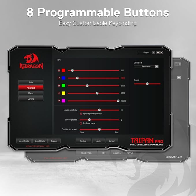 Redragon M810 Pro Wireless Gaming Mouse, 10000 DPI Wired/Wireless Mouse w/Rapid Fire Key, 8 Macro Buttons, 45-Hour Power Capacity and RGB Backlit for PC/Mac/Laptop
