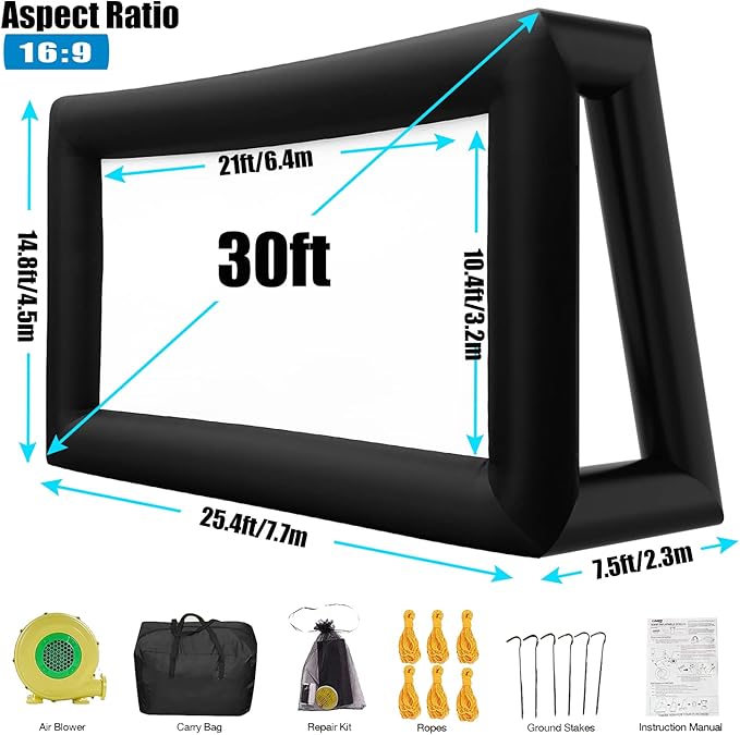 30FT Inflatable Projector Movie Screen for Outdoor, One-Piece Design Front/Rear Projection Mega Theater Outdoor Portable Blow Up Projector Screen with Air Blower for Family Movie Nights