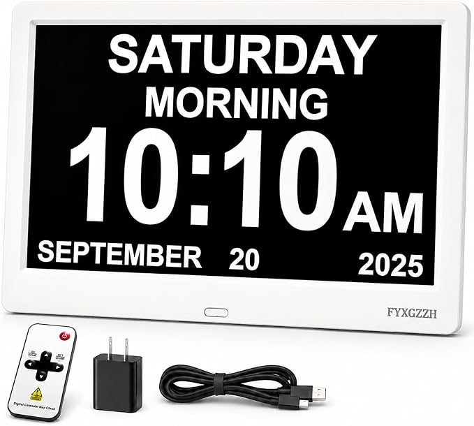11.5'' Dementia Clocks for Seniors Extra Large, Senior Clocks with Day Date and Time, 20 Alarm Reminders, Easy-to-Read, Simple Setup, Plug-in, DST, White
