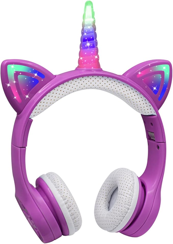 Unicorn Headphones for Girls,Bluetooth Unicorn Headphones Toddler School Laptop Cellphones Plane use, Light Up Wireless Kid Headphone Birthday Gifts (Dark Purple)