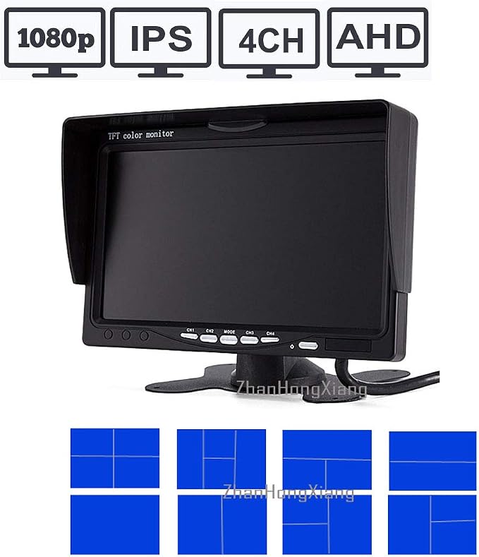HD 1080P Backup Camera 7" Monitor,4X 4 Pin AHD Car Reverse Rear View Mirror Wired Camera Kit + 7 inch IPS 4-Split Monitor for Bus Truck Trailer RV Heavy Duty A701