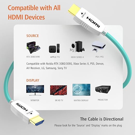 RUIPRO 8K Fiber Optic HDMI Cable 85 Feet 48Gbps 8K60Hz 4K120Hz Dynamic HDR HDCP2.2/2.3 for RTX4080/4090/3080/3090, Xbox S/X, PS5/4, AVR, Projector, LG/Samsung/Sony TV