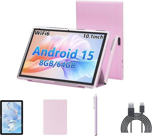 YQSAVIOR Android 15 Tablet with Keyboard, 10 inch Tablets with case, 8GB+64GB/1TB Expand, 2.4G+5G+Wi-Fi 6, 6000 mAh, BT, GMS, Games, 8MP Camera (Pink)