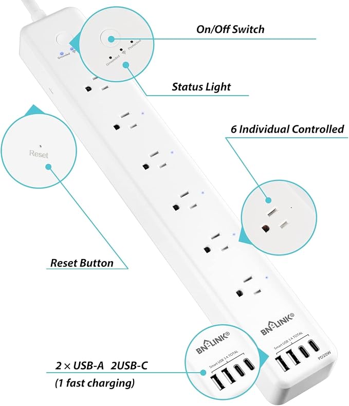 BN-LINK Smart WiFi Power Strip Surge Protector, 6 Individually Controlled Outlets, 4 USB Ports with 20W USB-C Fast Charging, Alexa & Google Home Compatible, App Timer Control