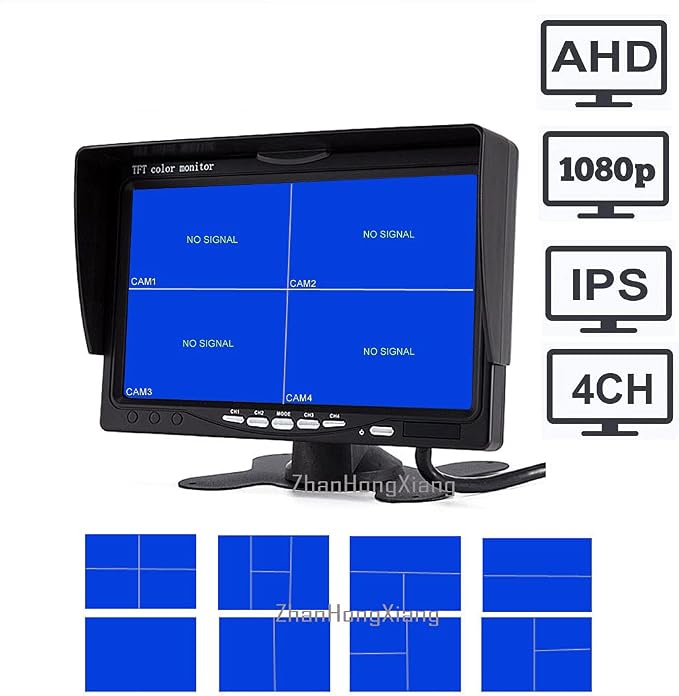 Vehicle Backup Cameras Monitor System 12V/24V,4 x HD 1080P Front Side Rear View Camera + 7" inch Quad Split 4CH Car LCD IPS Monitor for RV Bus Truck Trailer Caravan Camper