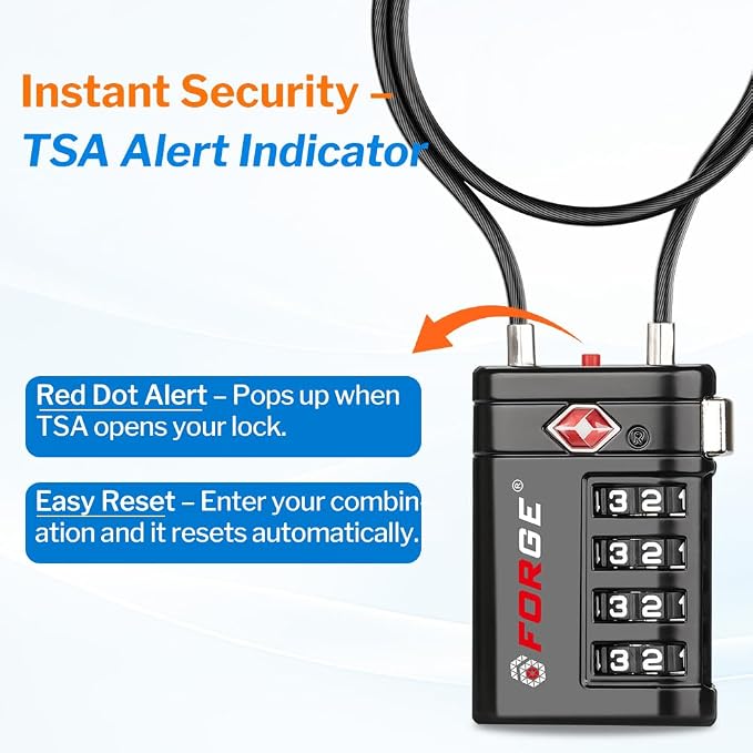 Forge TSA Approved Luggage Locks 4 Digit Combination TSA Travel Locks with TSA008, Open Alert Indicator, Zinc Alloy Body for Luggage, Suitcase, Backpack, and More. 1 15'' Cable Locks.
