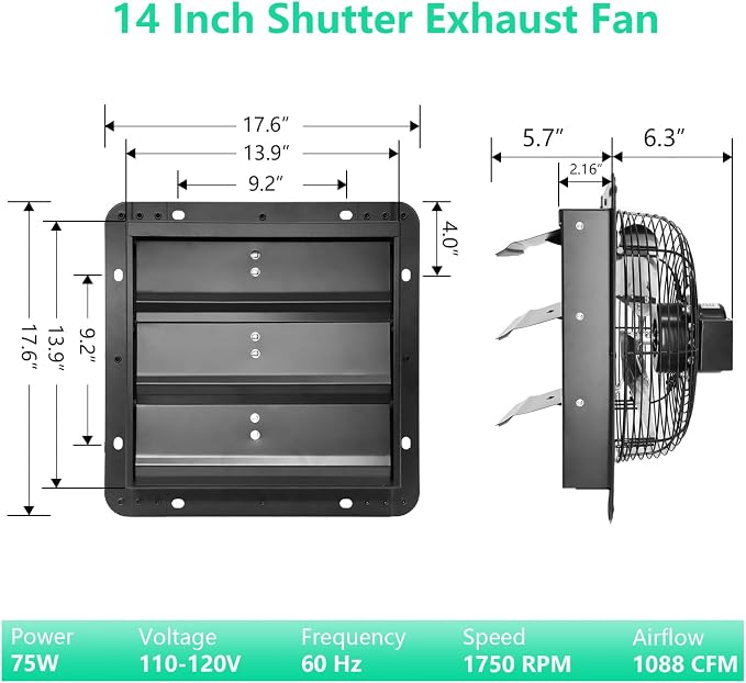 14 Inch Shutter Exhaust Fan,Wall Mount Ventilator Fan with ON/OFF Switch,Attic Vent Fan for Greenhouse, Garage, Gable, Barn, Shed,Chicken Coops Ventilation Fans 1088 CFM,1750RPM