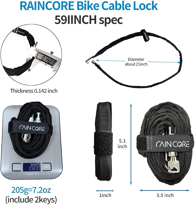 RAINCORE Keyed Bike Cable Lock – Lightweight Cut-Resistant Composite Fiber Security Cable – Anti-Theft Heavy Duty Bicycle Lock – 59inch (150cm), 0.45lb – Patented in Korea (59 inch)