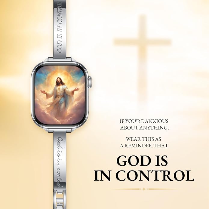 Missair God is in Control Bands Compatible with Apple Watch Band 38mm 40mm 41mm 42mm 44mm 45mm 46mm 49mm for Women, Stainless Steel lettering Metal Strap for iWatch Series 11 10 9 8 7 6 5 4 SE Ultra