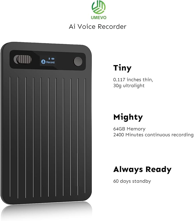 UMEVO Note Plus AI Voice Recorder : Unlimited Transcribe & Summarize, AI Note Taking Device 64GB with Case, App Control, 140 Languages for Calls, Lectures, Meetings, Interviews(Black)