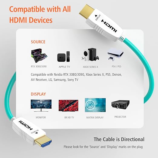 RUIPRO 8K Fiber Optic HDMI 2.1b Cable 130 Feet 48Gbps 8K60Hz 4K120Hz Dynamic HDR HDCP2.2/2.3 for RTX4080/4090/3080/3090, Xbox S/X, PS5/4, AVR, Projector, LG/Samsung/Sony TV