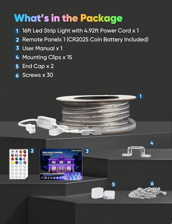 16FT Outdoor LED Strip Lights RGB+IC with Warm&Cool White, ETL Listed Music Sync Light Strip AC 120V, IP65 Waterproof and Connectable, for Party Festival Eave Porch Patio Every Day Decor
