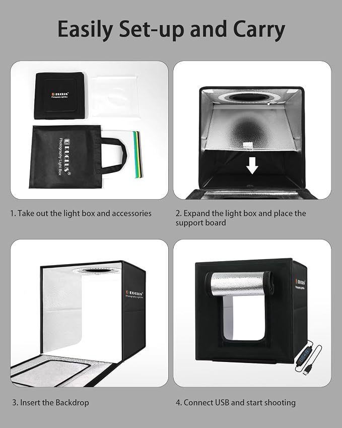 DUCLUS Light Box Photography, Portable Photo Studio Booth Box, 10" x 10" Professional Mini Shooting Tents with 104 LED Lights Dimmable, 6 Backdrops for Small Product: Jewelry, Miniature Models etc.