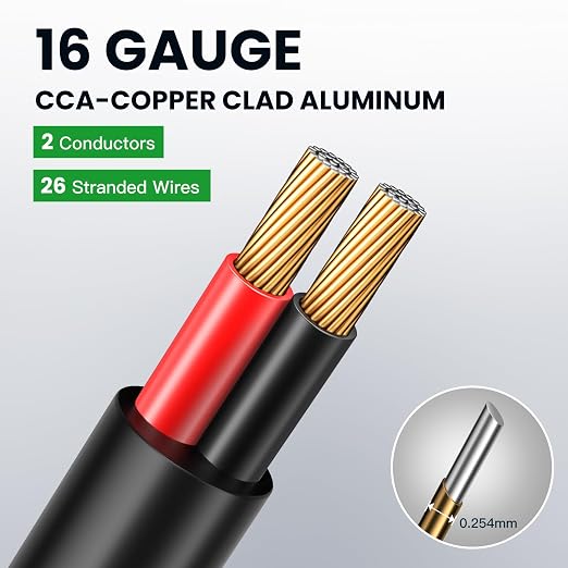 16 Gauge Speaker Wire 150 Feet CL3 Related CCA Black Cable with 2 Conductors for Outdoor Direct Burial Backyard Garden Home Car in-Wall Speaker