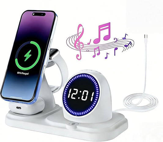 Charging Station 6 in 1 Wireless Charger: Stand for Multiple Devices for Apples - Compatibility i-Phone 17 16 15 14 13 Pro Max Apples Watch Airpods, with Wireless Speaker and Clock (White)