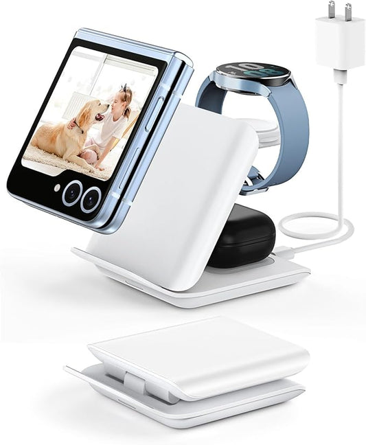 Fast Wireless Charger for Samsung Z Flip - 3 in 1 Foldable Travel Charging Station for z Flip 7/6/5/4, Motorola Razr+, Galaxy Watch 8/7/6/5/Ultra & Buds 3/2 Pro/Live | PD20W Adapter Included | White