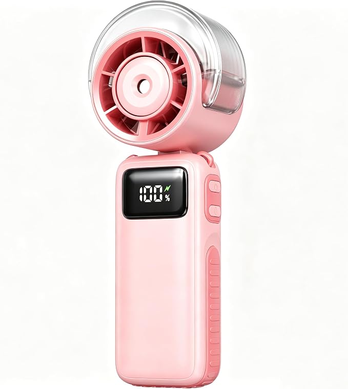 Portable Handheld Misting Fan Foldable, 6000mAh USB Rechargeable Personal Cooling Fan,5 Speed Mini Water Spray Fan,3 in 1 Hand/Desk/Neck Turbo Mist Fans for Home Outdoor Travel Beach Camping (pink)