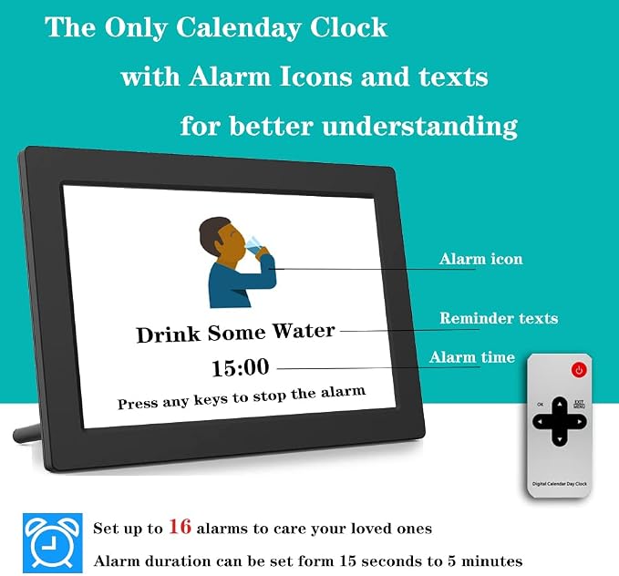 [New Version] 7 Inch Day Clock - 19 Alarms,20 Custom Reminder, Remote Control, Level 10 Auto Dimmable Display Calendar Clock, Non-Abbreviated Day Date Alarm Clock for Impaired Vision Dementia Seniors