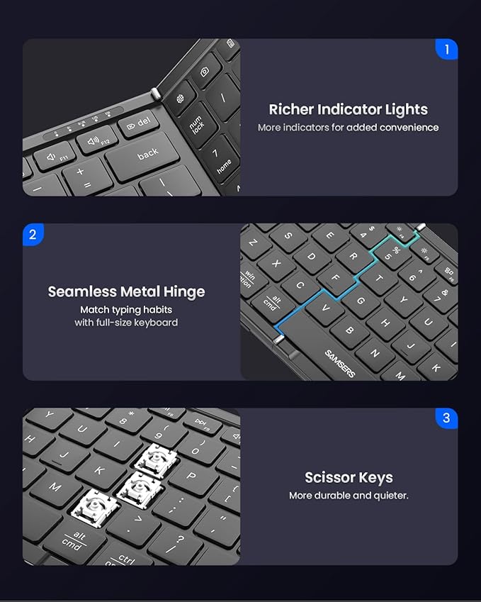 Foldable Keyboard and Mouse, Samsers Folding Bluetooth Keyboard Combo, 2.4G + BT5.0 x 2, Full-Size Portable Travel Keyboard & Rechargeable Wireless Mouse for Windows Android iOS Mac OS, Elegant Black