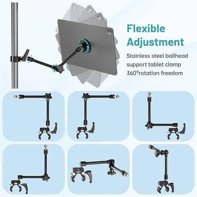 Magnetic iPad Holder for Microphone Stand / Music Stand,Tablet Mount Compatible with MagSafe 4.7~13.5" iPad /Pro/Mini/Air,Galaxy Tab,Nexus,e-Reader,iPhone,360°Adjustable 10" Long Aluminum Alloy Arm