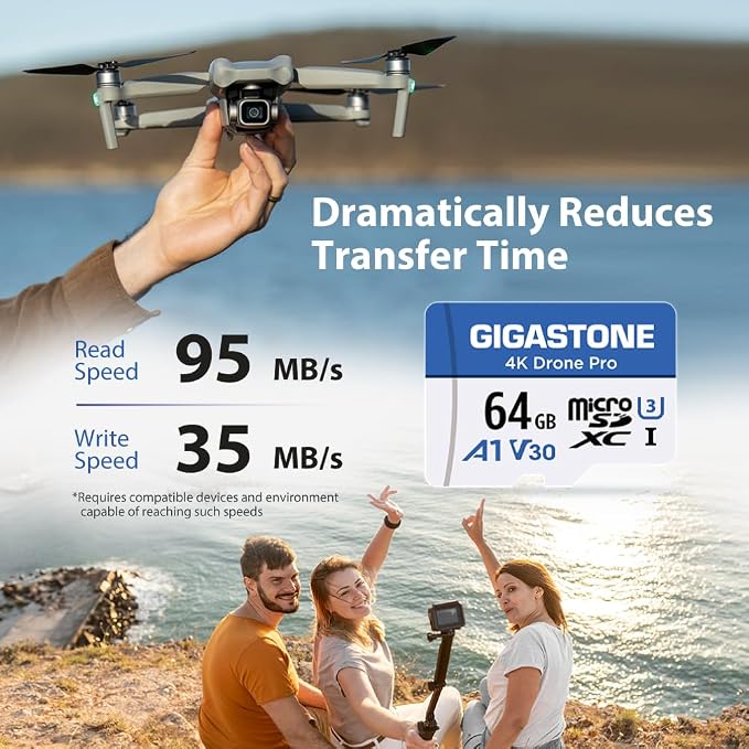 【Designed for Drone】 GIGASTONE 64GB Micro SD Card, 4K Drone Pro, MicroSDXC Memory Card for Security Camera, DJI Drone or Action Camera, 4K Video Recording, UHS-I U3 A1 V30, 95MB/s, with Adapter.