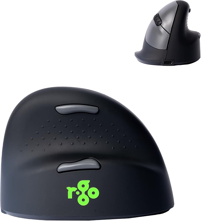 R-Go HE Ergonomic Mouse, Bluetooth 5.0, Silent Click, Vertical design, With Break Software, Prevents Tennis Elbow/RSI Arm, Rechargeable, For Windows/Mac, 5 Buttons, Black