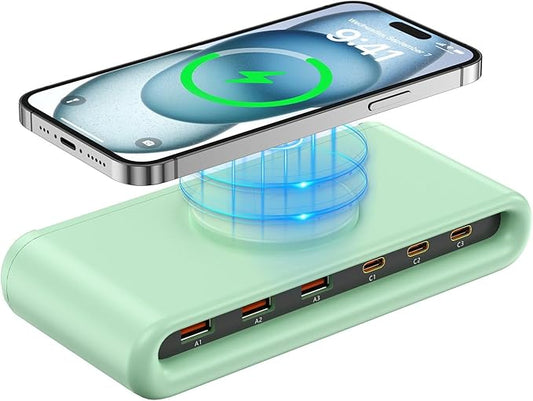 USB C Charging Station with 10W Wireless Charger, 145W USB C Charger Block with with 5FT Extension Cord, 7-in-1 Multi USB Charging Station for Home Office (Green)