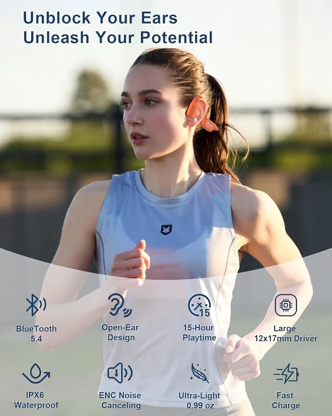 Bone Conduction Headphones, Open Ear Wireless Bluetooth Headphones with Mic, IPX6 Waterproof Sports Headphones for Running, Cycling & Outdoor Work, 15H Playtime X13 (Orange)