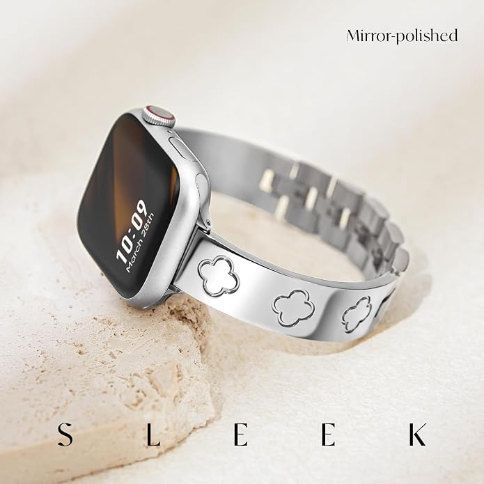 Missair Compatible with Apple Watch Band 38mm 40mm 41mm 42mm 44mm 45mm 46mm 49mm, Four Leaf Lucky Bracelet Women Dressy Stainless Steel Metal Clover Strap for iWatch Series 11 10 9 8 7 6 5 4 SE Ultra