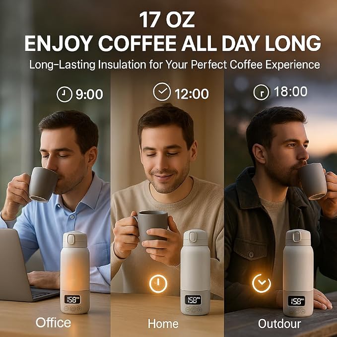 17 Oz Electric Heated Coffee Mug Rechargeable for Travel Z6 Self Heating Smart Temperature Control Warming Heated Travel Coffee Mug On The Go Coffee Cup with 5-12H Battery Life Gift