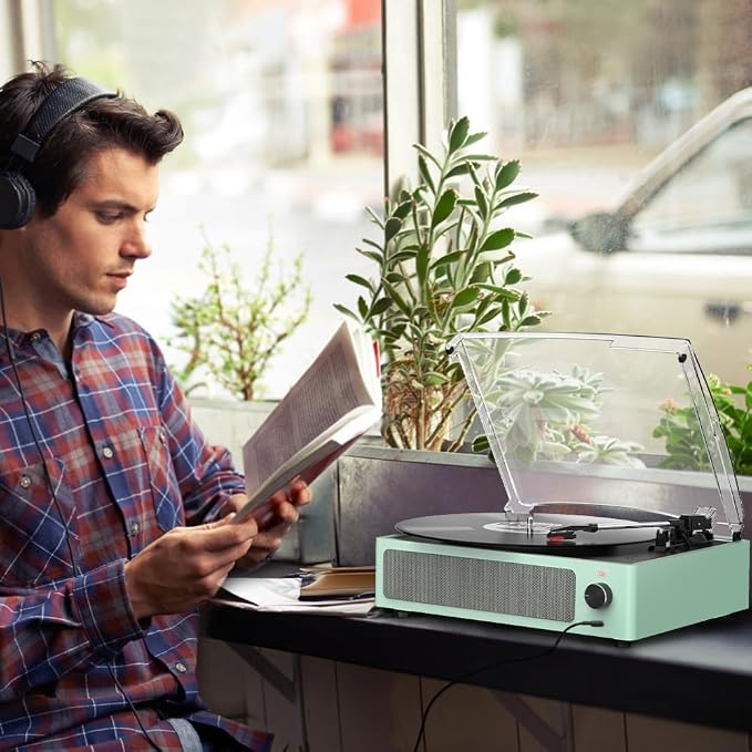 Record Player for Vinyl with Speakers Turntable Vinyls Records Belt-Driven Turntables 3-Speed 3 Size Wireless Bluetooth Headphone AUX-in RCA Line LP Vinyl Players Auto Stop New Sleek Pale Green