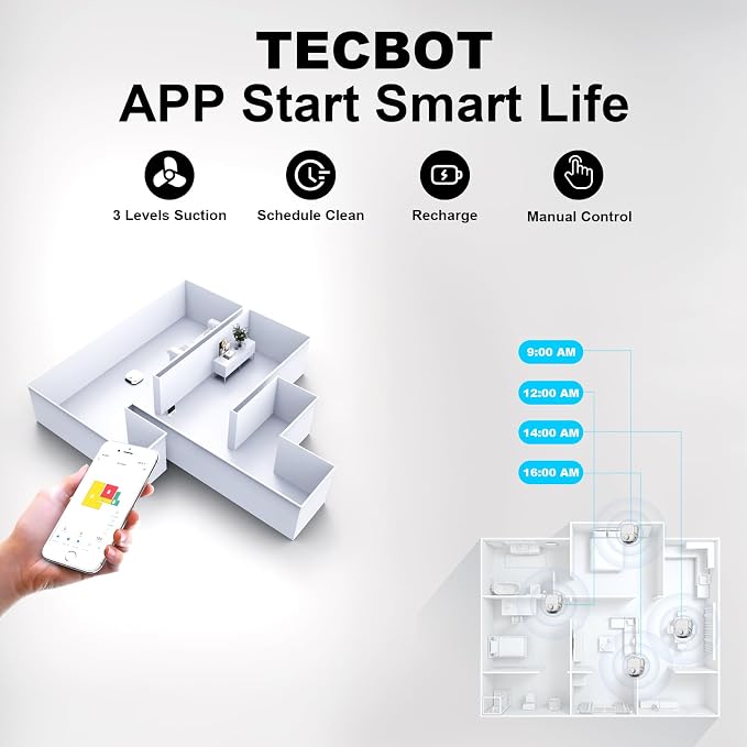 TECBOT S1 Robot Vacuum Cleaner Slim 120Mins Runtime 2-in-1 Robot Sweeping or Mopping Self-Charging WiFi&App&Remote Control Robotic Vacuum Cleaner for Home Pet Hair Hard Floors,Black