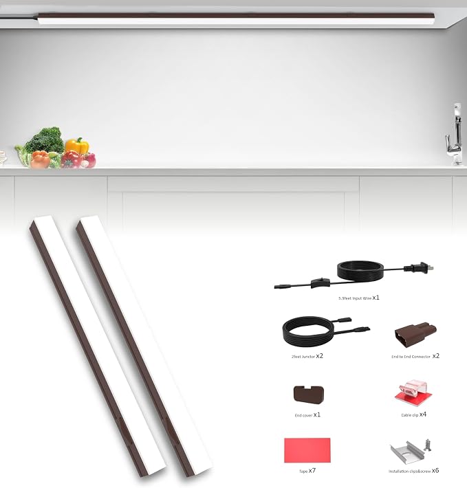 Leetdud Under Cabinet Lighting Plug in, 24 Inch 2 Pcs, Linkable AC120V 3CCT 3000K/4000K/5000K Ultra Slim, LED Under Cabinet Lights for Counter Light, Kitchen, Shelf, Sink, Workshop, Desk, Bronze