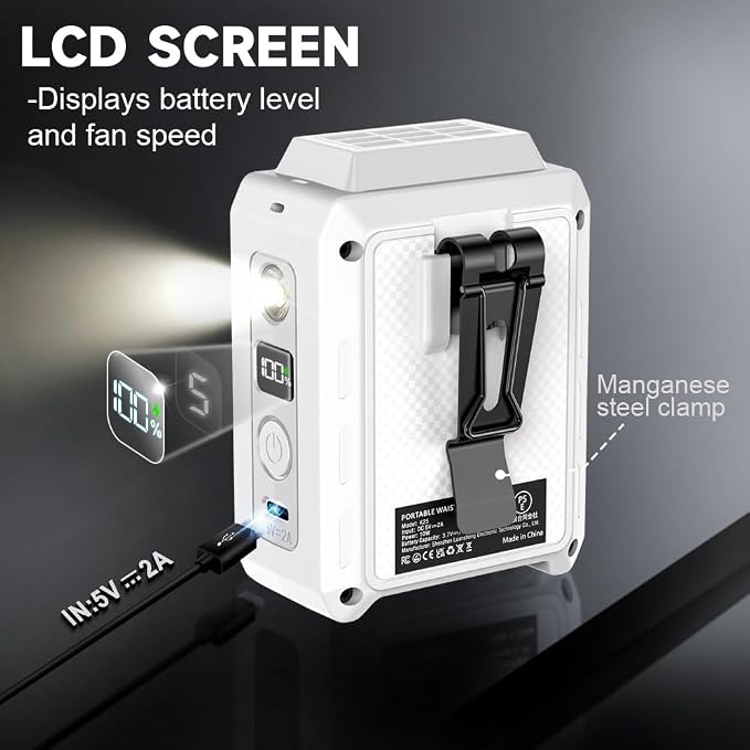 CAZOKASI Wearable Waist Clip Fan with Lighting Desktop Stand 16000rpm Runtime upto 20 hours (5000mAh / White)